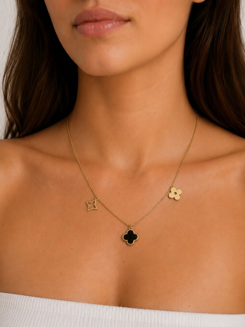 Gold Black Clover Dainty Necklace Minimalist Floral Charm